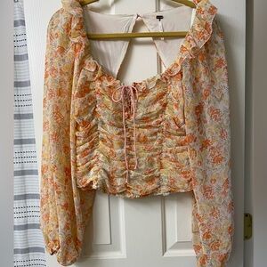 Free People Floral Long Sleeve Blouse - Orange, Pink and Cream Size Medium